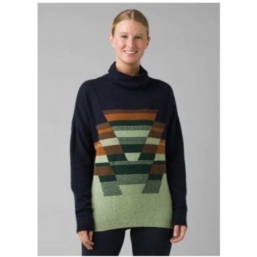 Prana Womens Blue Anchor Cowl Neck Geometric Intarsia Sweater Organic Cotton S
